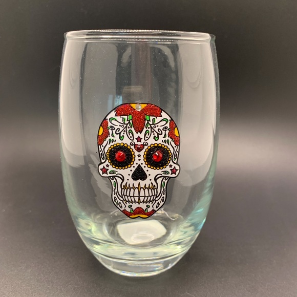 BLING SWAROVSKI CRYSTAL RED & WHITE SUGAR SKULL CANDY SKULL WINE GLASS NIB - Picture 6 of 14